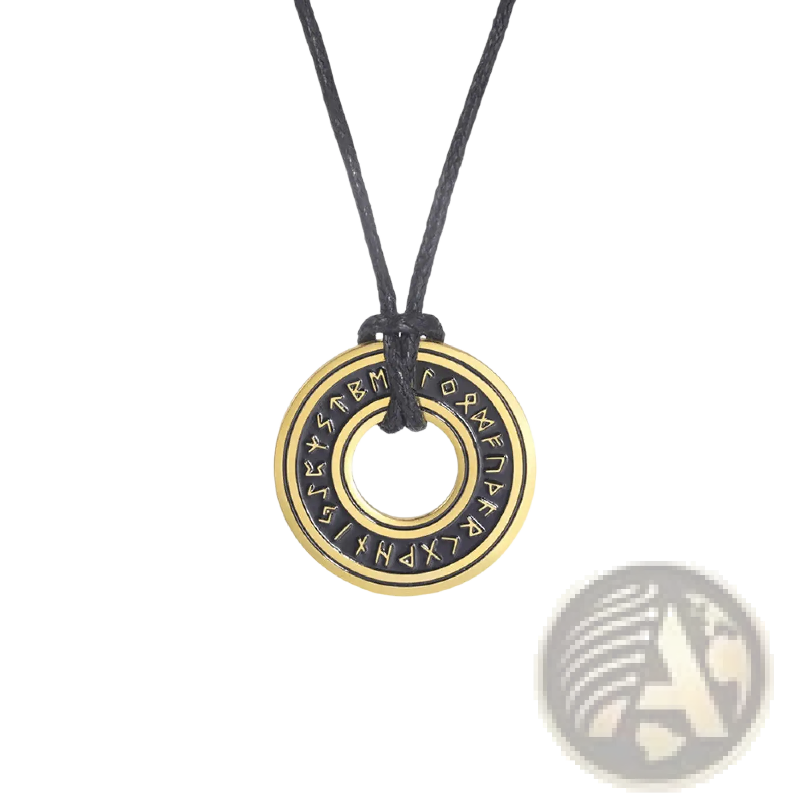 Gold-colored stainless steel vintage Nordic rune pendant with black engraved runes on a black cord Viking necklace