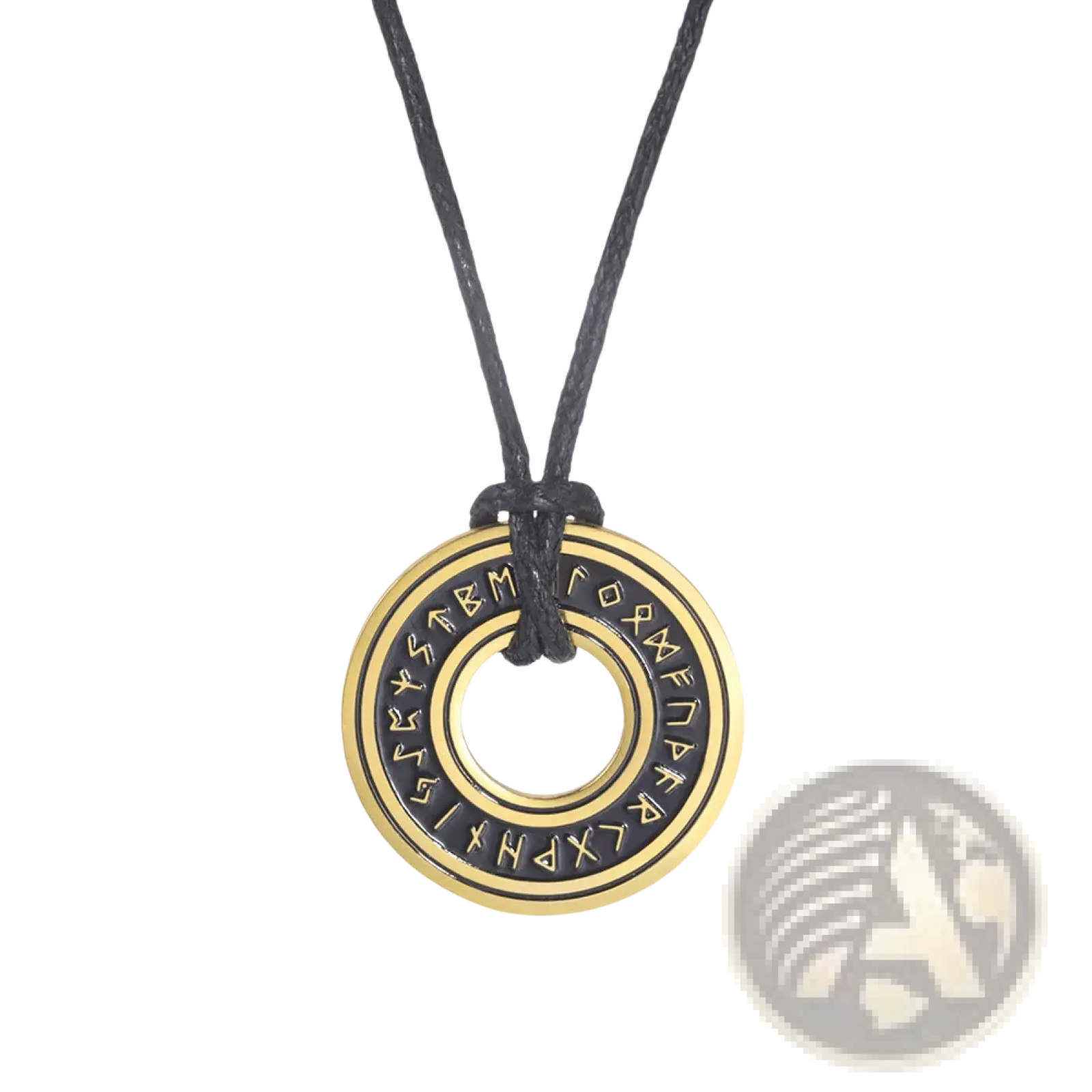 Gold-colored stainless steel vintage nordic rune pendant with engraved runes on a black cord viking necklace