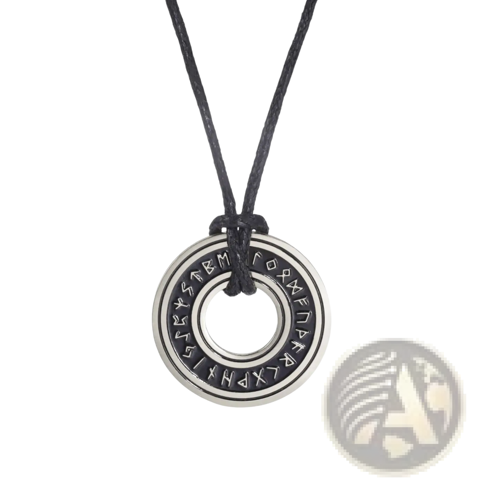 Silver circular vintage nordic rune pendant engraved with runes on black cord stainless steel viking necklace