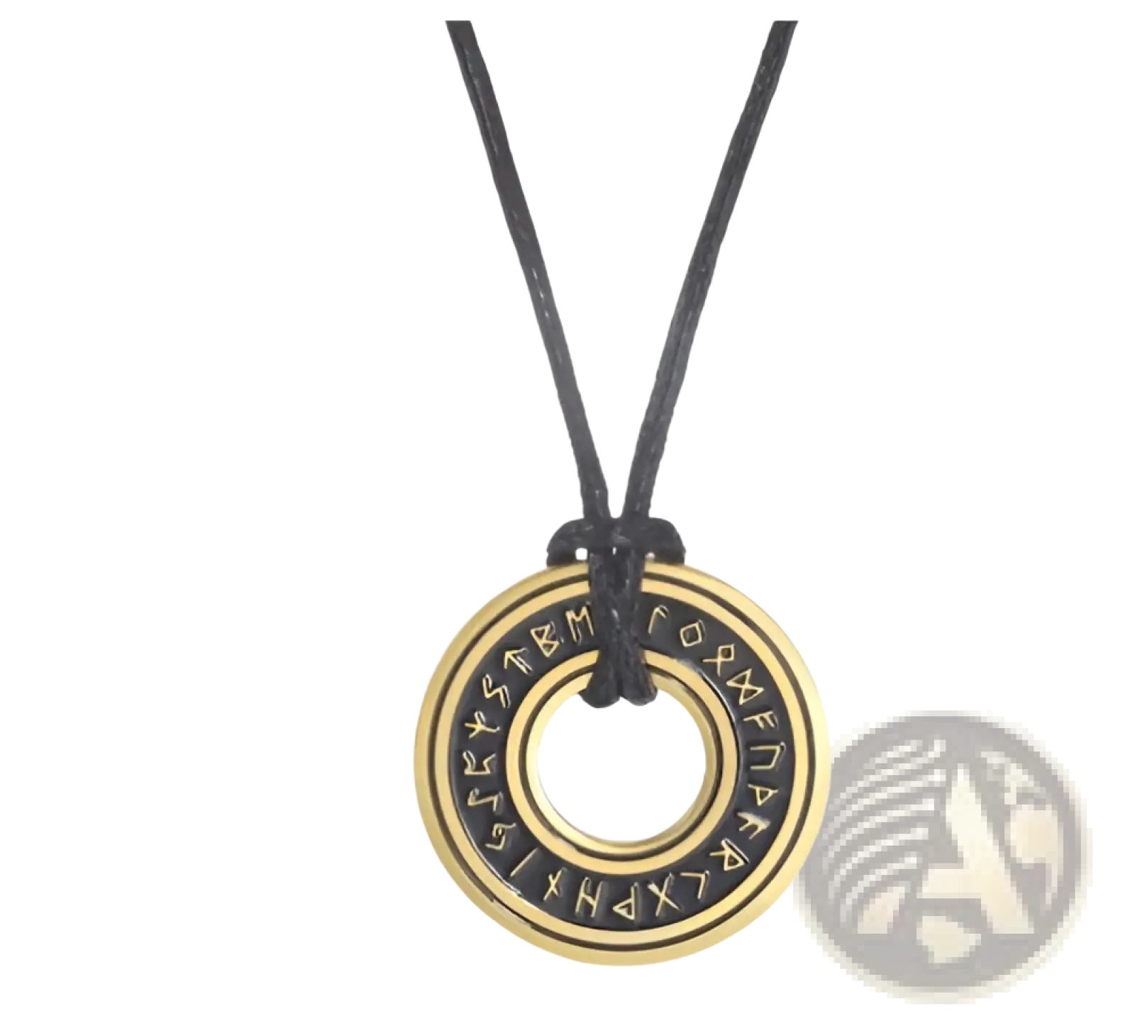 Black cord necklace with gold-toned stainless steel circular pendant engraved with vintage Nordic runes