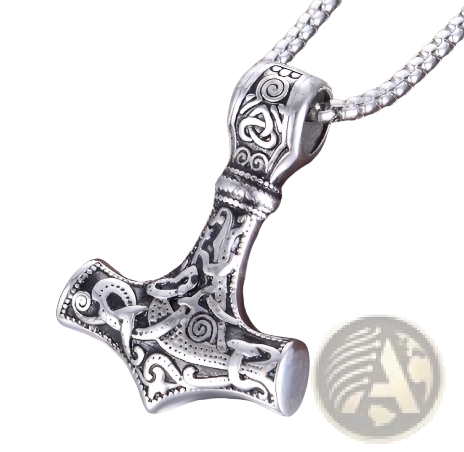 Silver stainless steel viking necklace featuring a vintage Nordic rune pendant with intricate Norse knotwork design