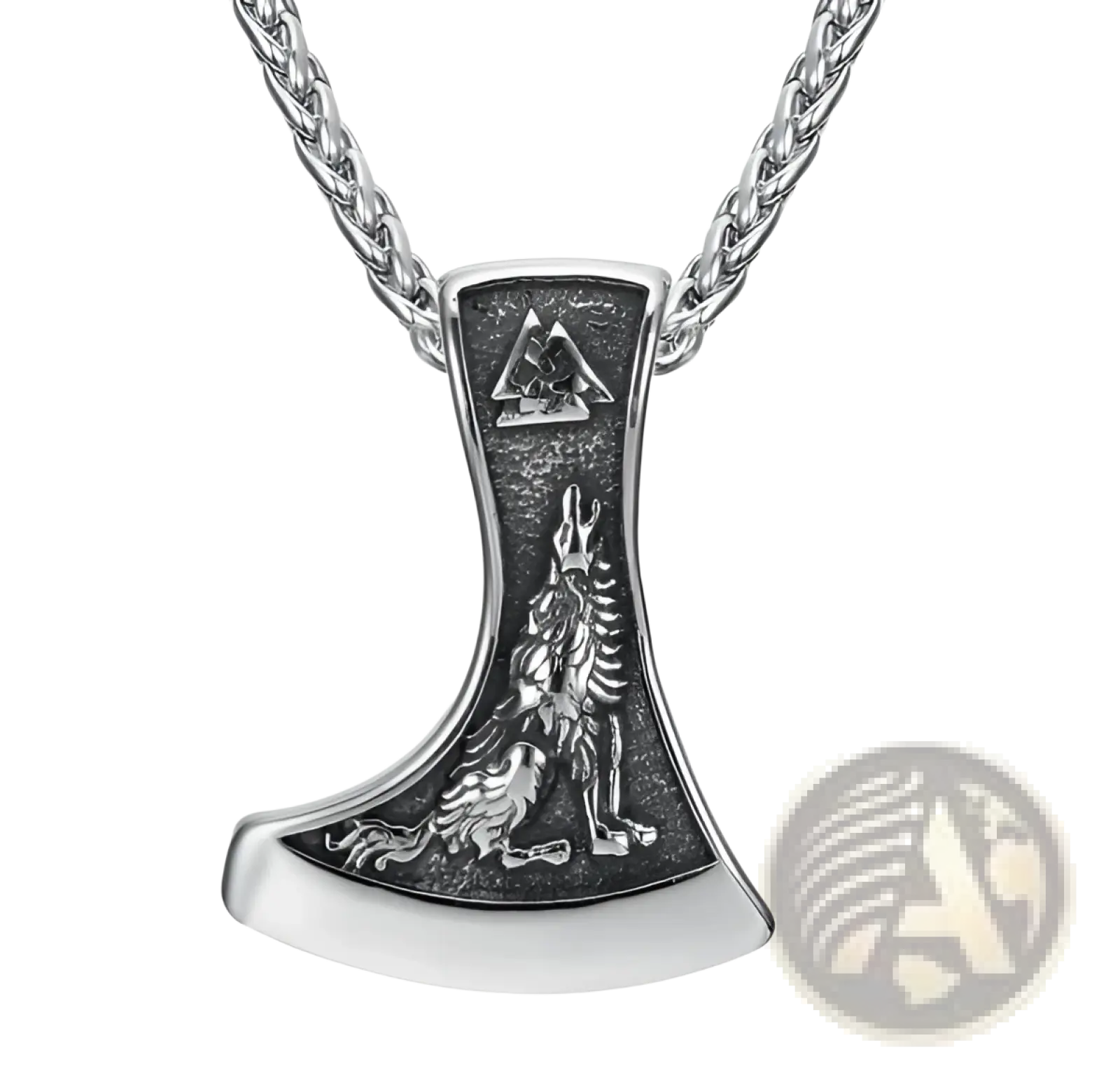 Silver stainless steel viking axe pendant with intricate wolf and valknut designs vintage nordic rune necklace