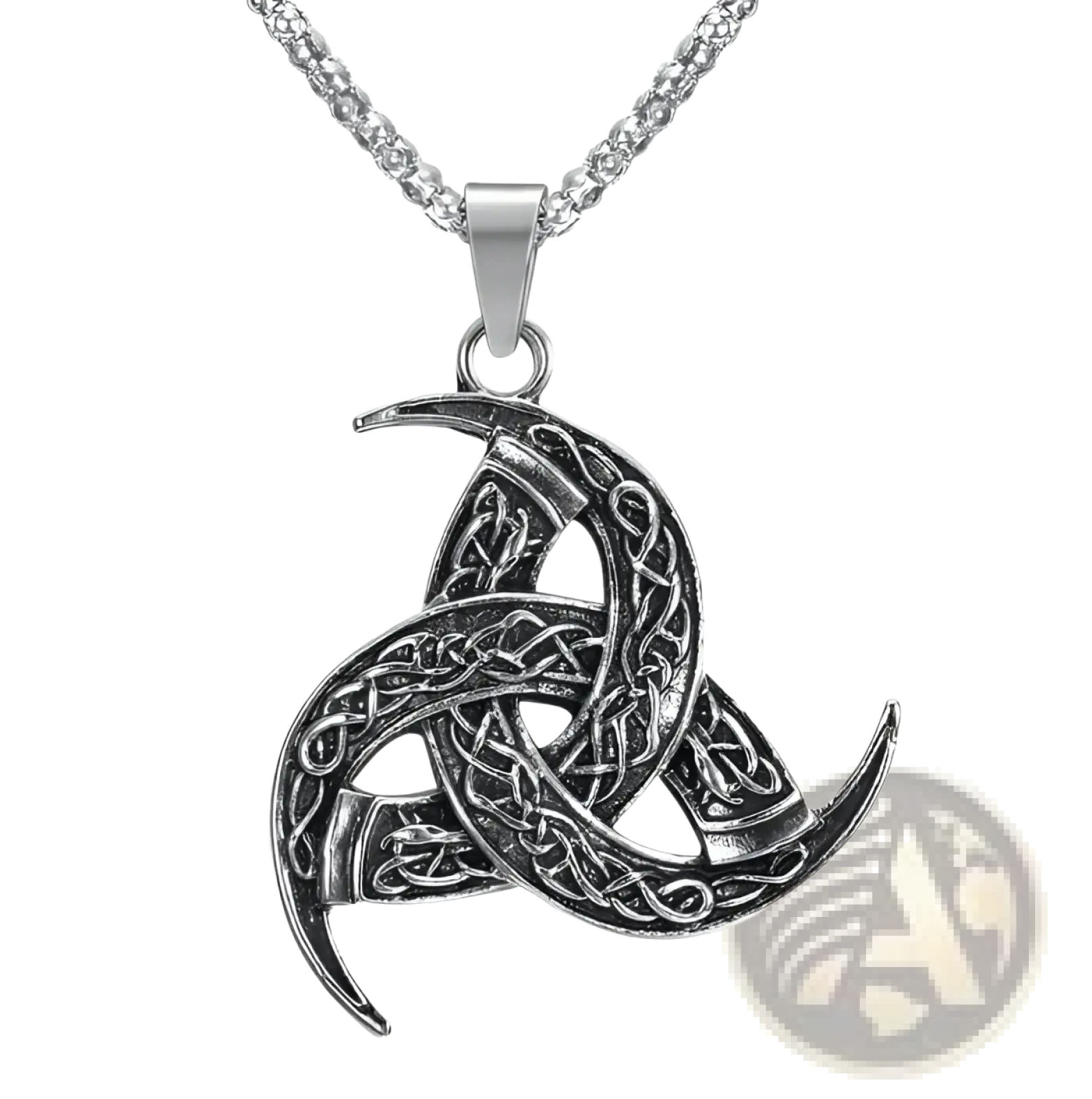 Silver vintage Nordic rune pendant with intricate Celtic knotwork on stainless steel Viking necklace chain