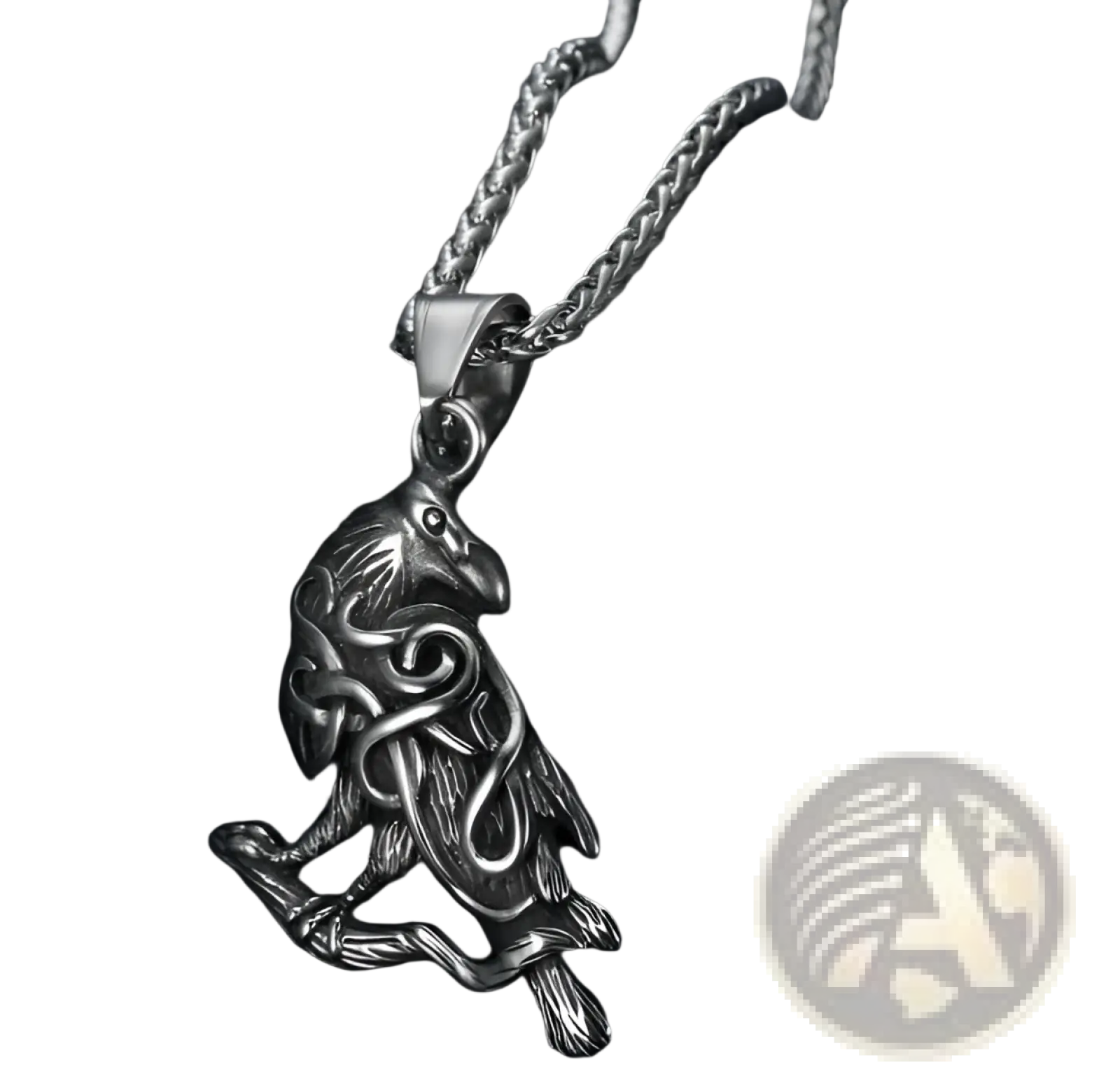Silver Viking raven pendant with intricate Celtic knotwork on a braided stainless steel chain vintage Nordic rune necklace