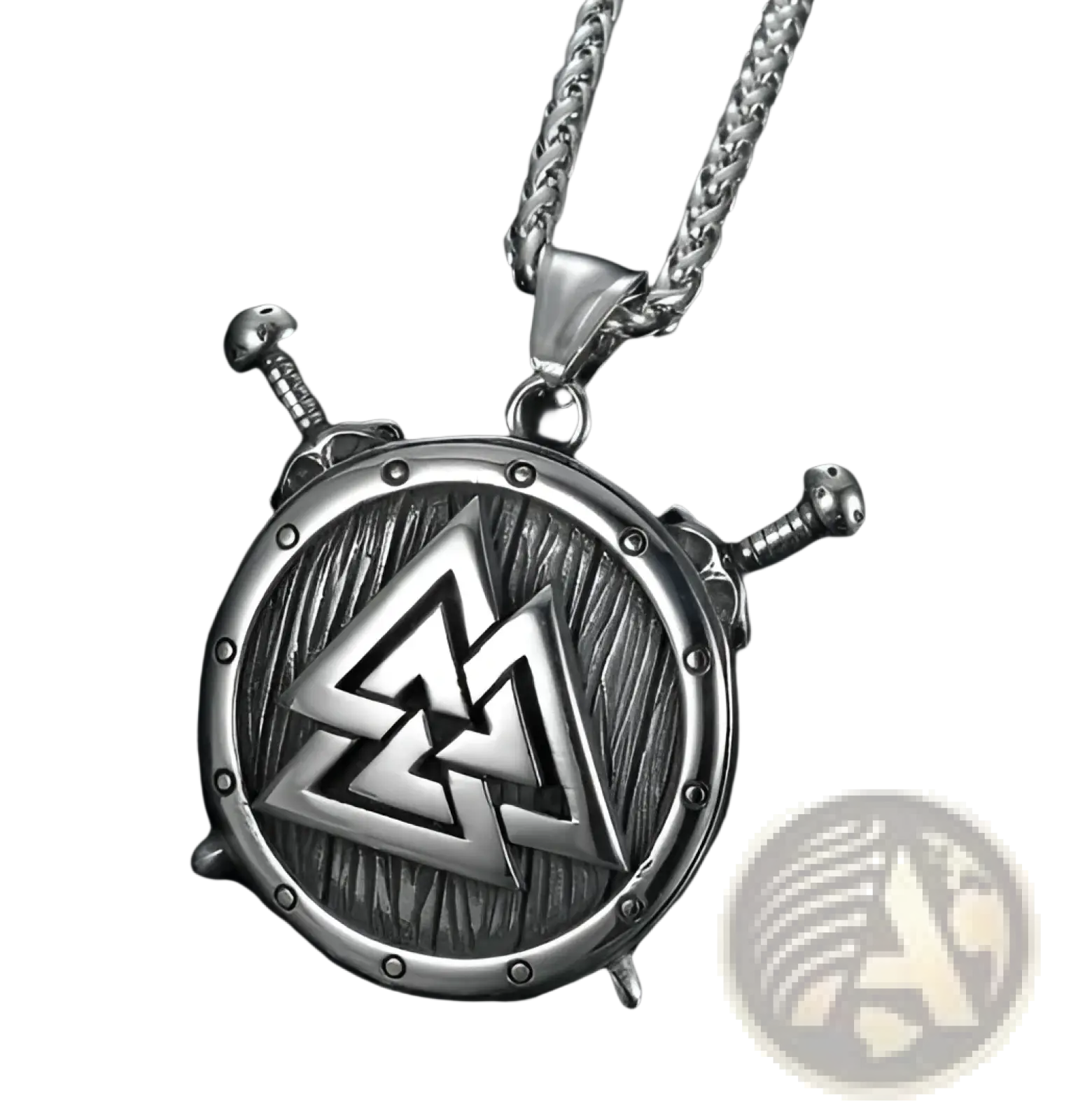 Silver stainless steel vintage Nordic rune pendant featuring Viking shield with crossed swords and valknut symbol on wood grain plate