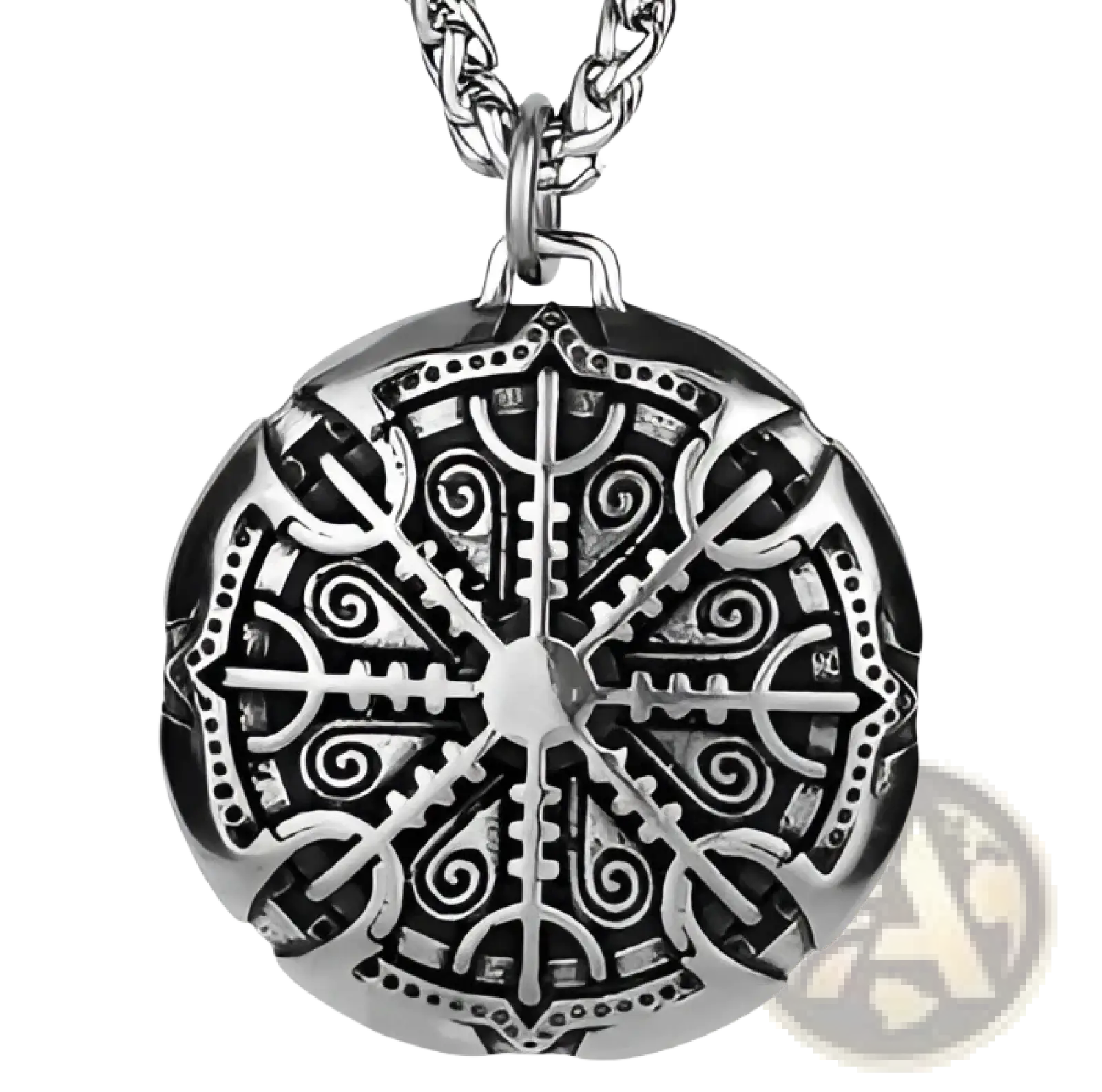 Silver stainless steel vintage Nordic rune pendant with intricate Norse runes and central circular design on chain