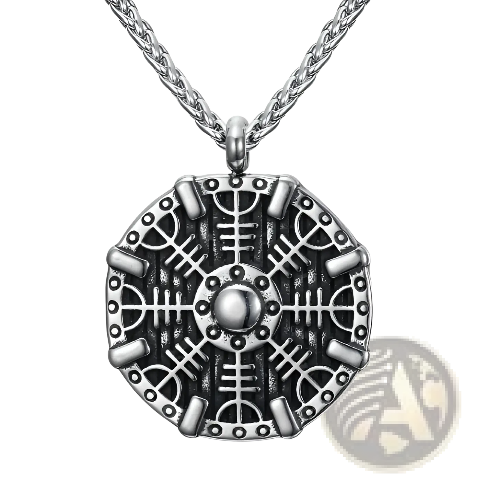 Silver vintage nordic rune pendant necklace featuring a stainless steel viking shield with intricate runic designs and braided chain