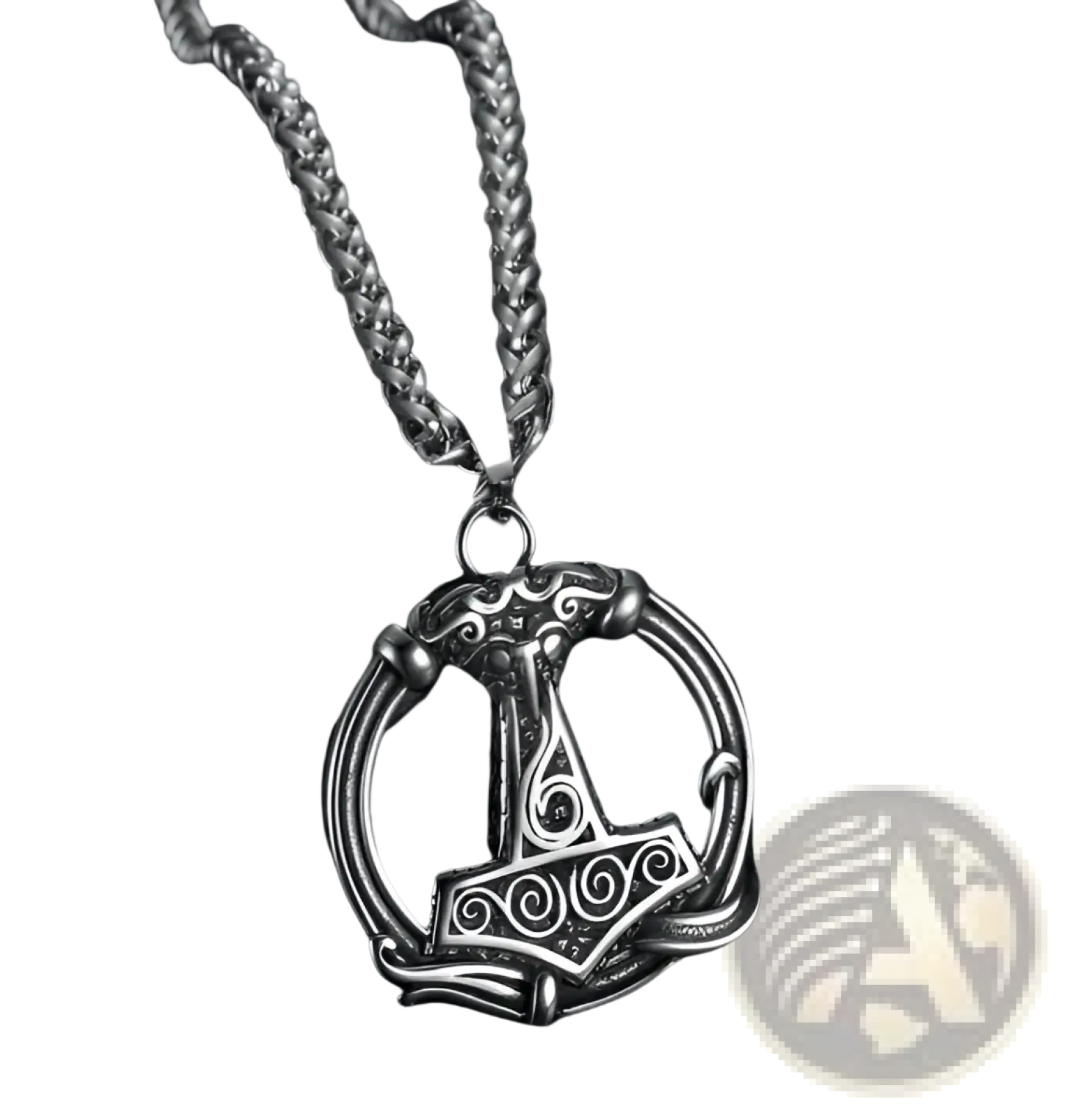 Silver stainless steel vintage Nordic rune pendant with intricate Norse runes and patterns on a braided Viking chain