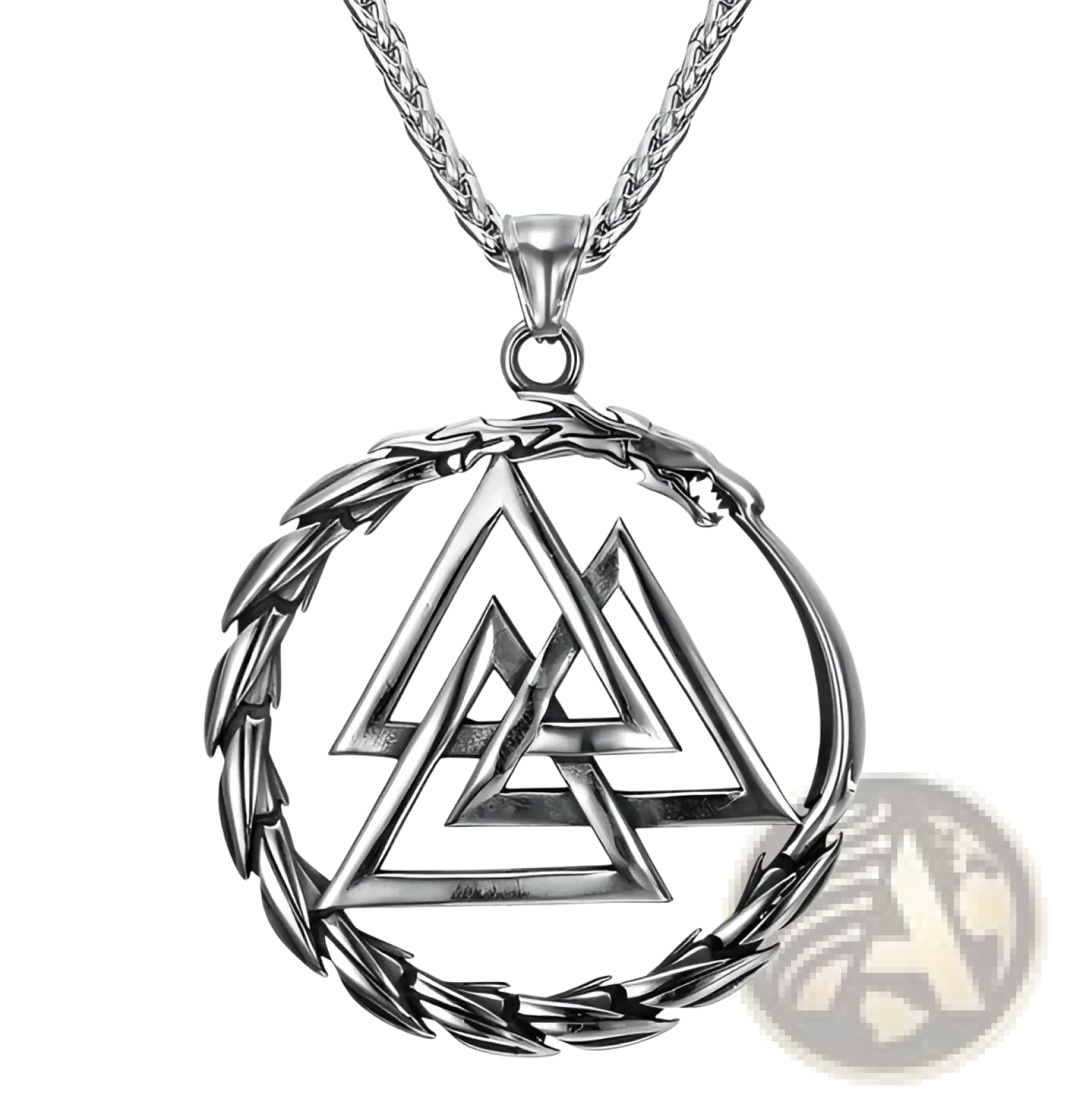 Silver viking valknut pendant with intricate triangular knot and laurel wreath on braided stainless steel chain
