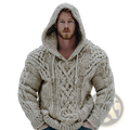 Vintage patchwork chunky knit oversized hoodie in off-white with a thick cable-knit texture and matching drawstrings