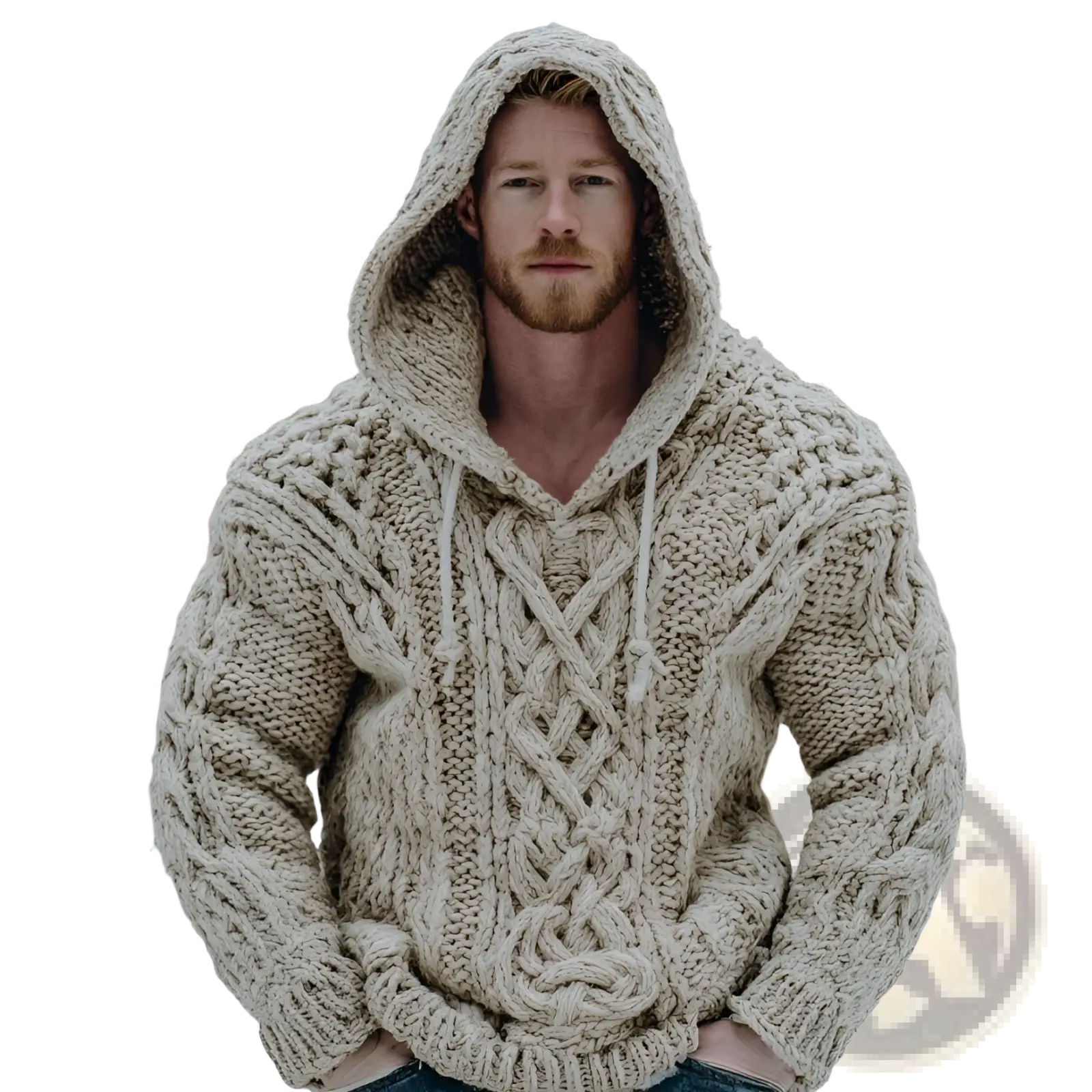 Vintage patchwork chunky knit oversized hoodie in off-white with a thick cable-knit texture and matching drawstrings