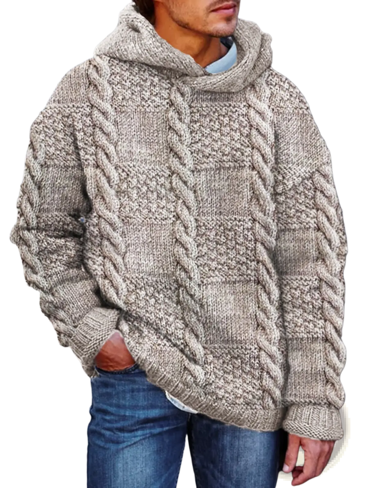 Vintage patchwork chunky knit oversized hoodie beige cable knit with textured pattern ribbed cuffs and hood