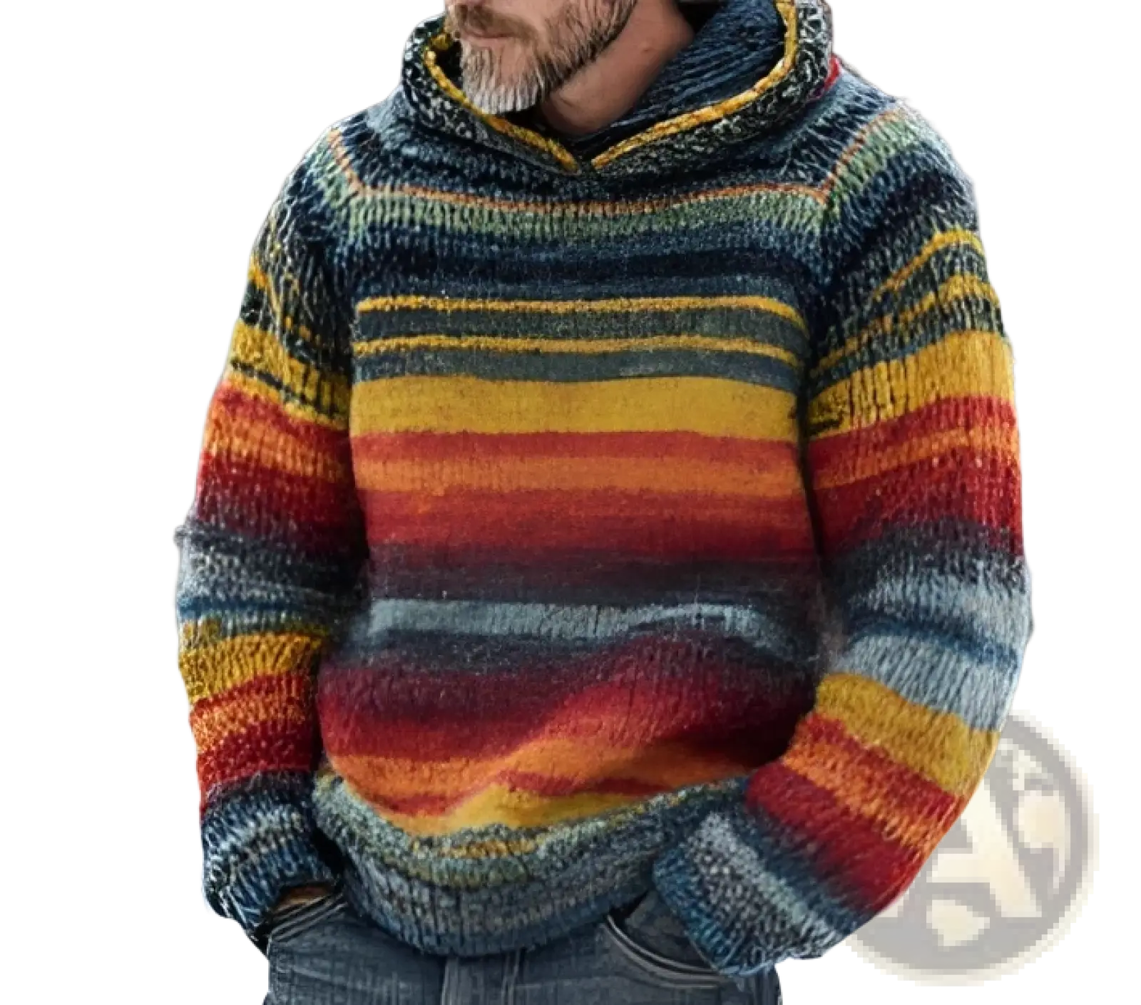 A cozy hand-knitted oversized hoodie sweater with horizontal stripes in warm earthy tones of orange red yellow and blue-gray