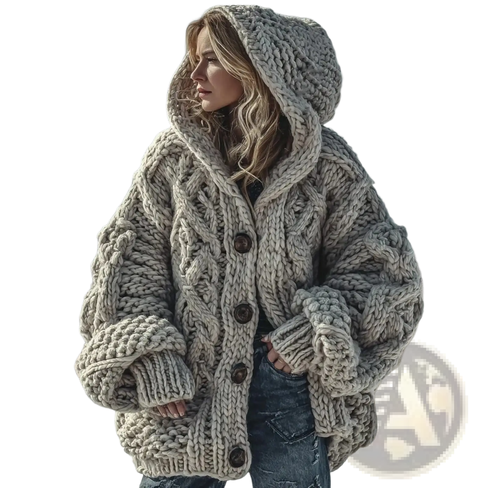 A cozy oversized beige cable knit hooded sweater with chunky yarn and dark brown buttons vintage patchwork style