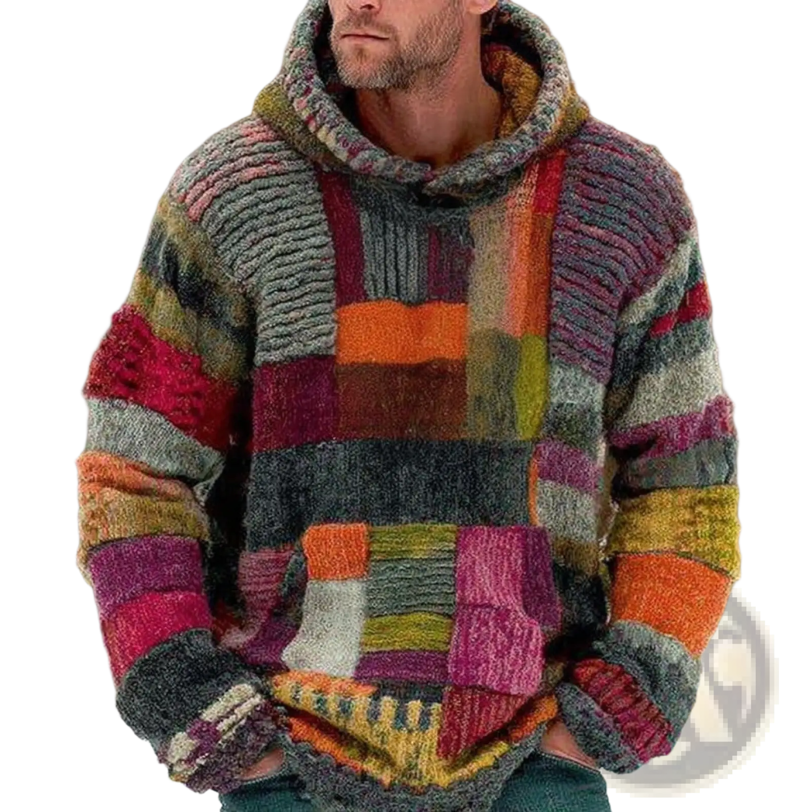 Vintage patchwork chunky knit oversized hoodie in earthy maroon orange olive green and gray stripes with a cozy texture