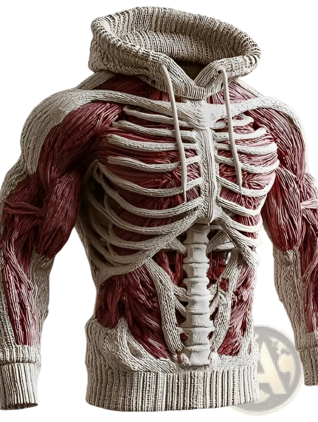 Vintage patchwork chunky knit oversized hoodie with detailed red muscle fibers and white ribcage anatomical design