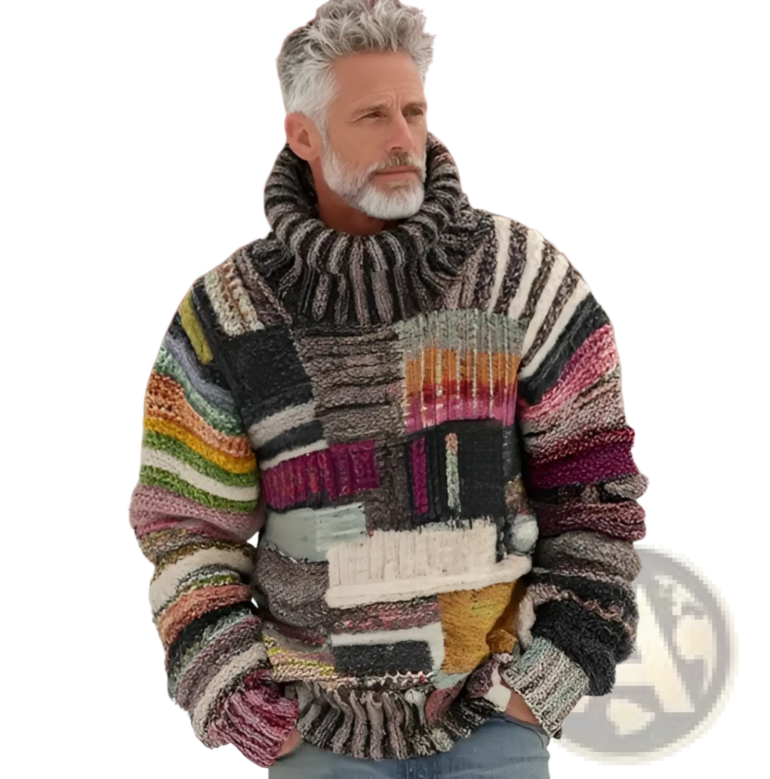 Vintage patchwork chunky knit oversized hoodie in earth tones with high ribbed collar and textured yarn material