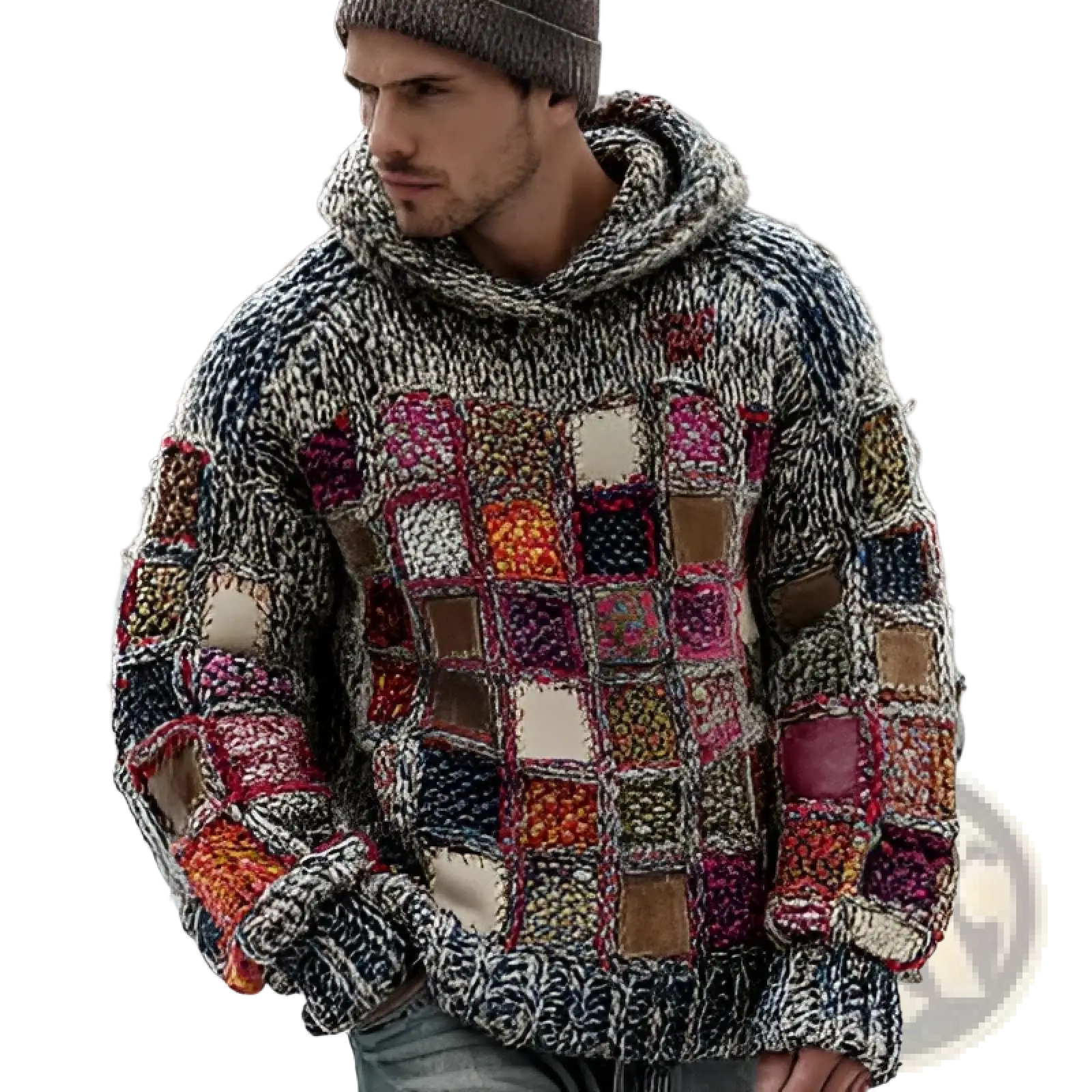 Vintage patchwork chunky knit oversized hoodie with multicolored gray red orange and beige squares in patchwork design