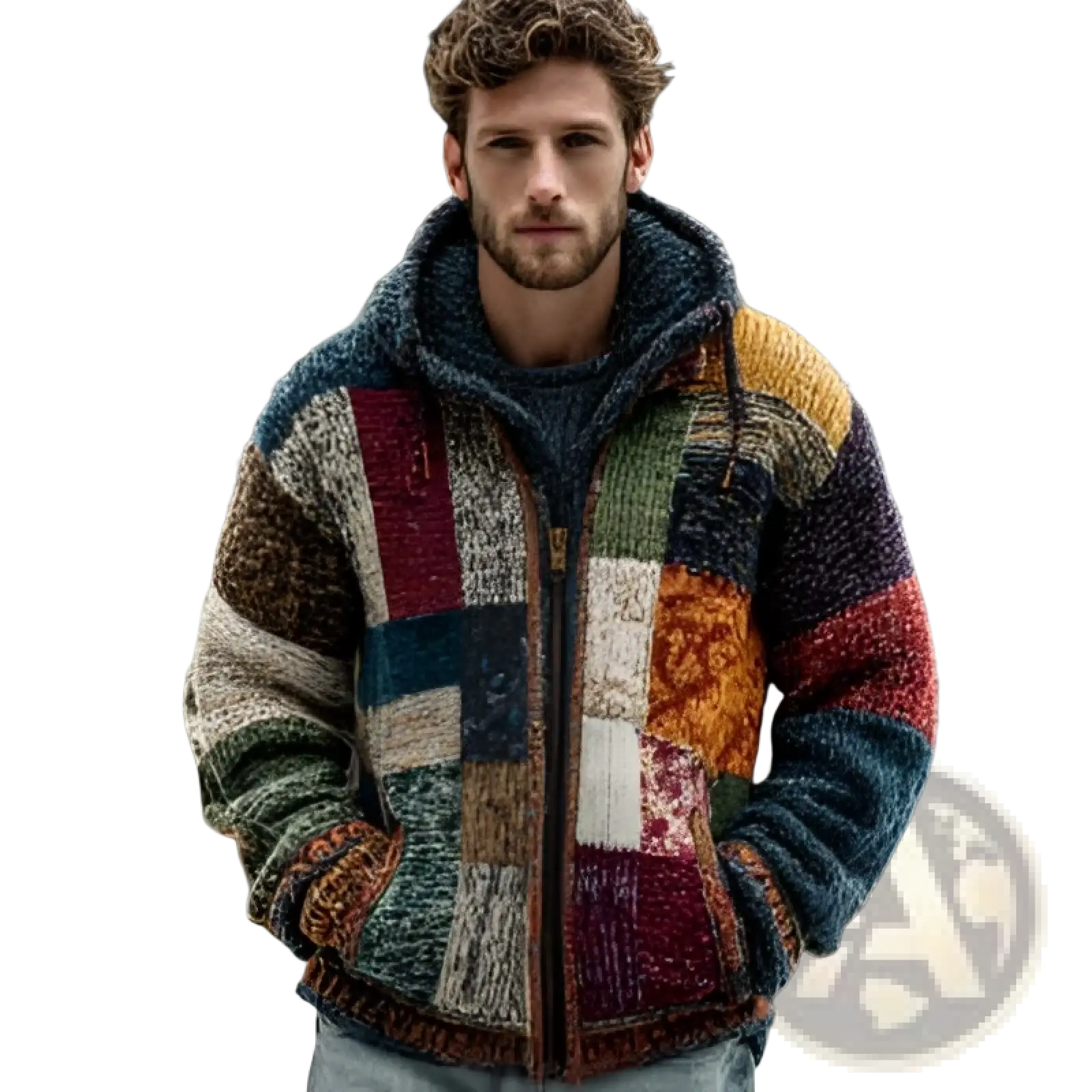 A cozy vintage patchwork chunky knit oversized hoodie with a hood and zipper closure in warm colors