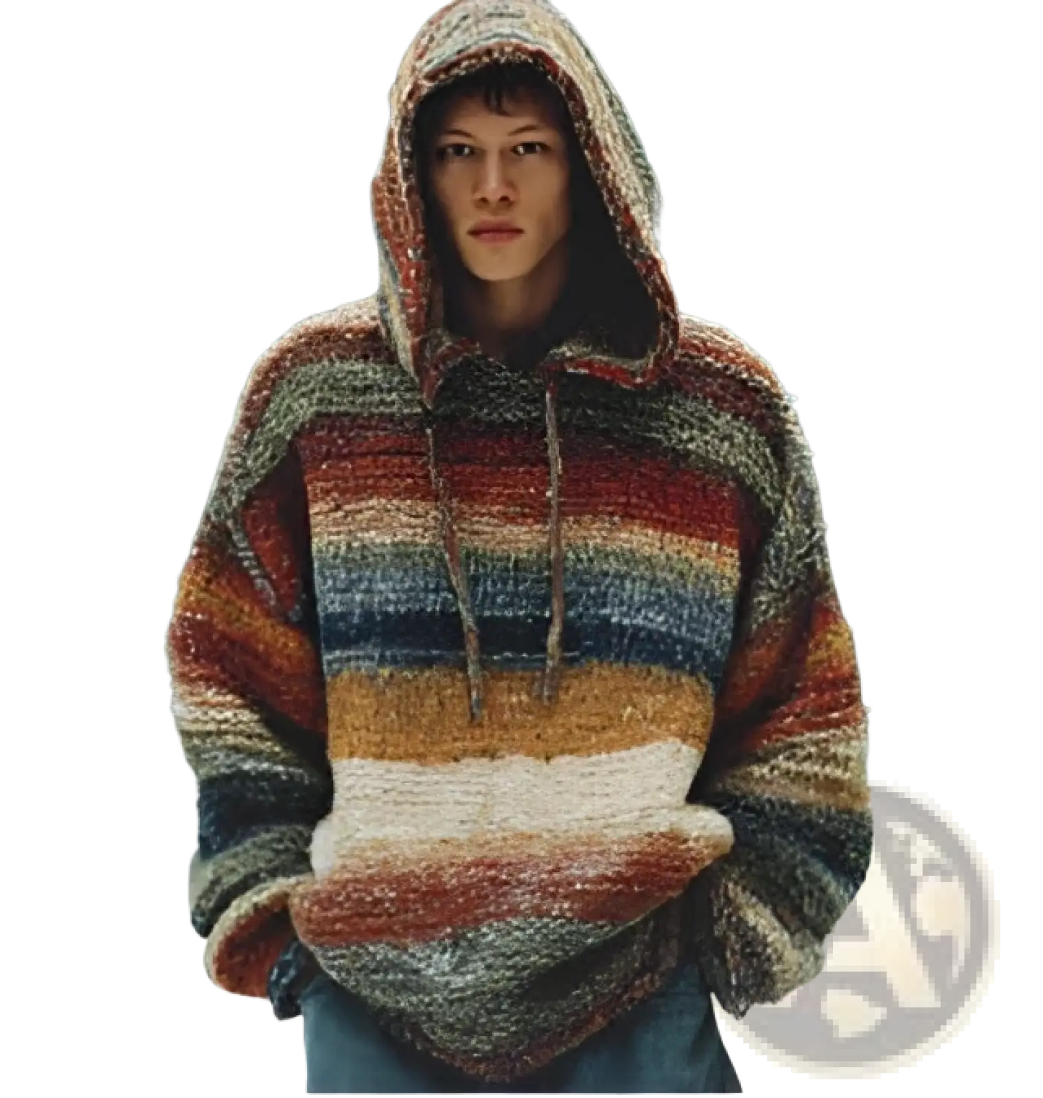 A cozy vintage patchwork chunky knit oversized hoodie with wide horizontal stripes in orange brown blue and cream