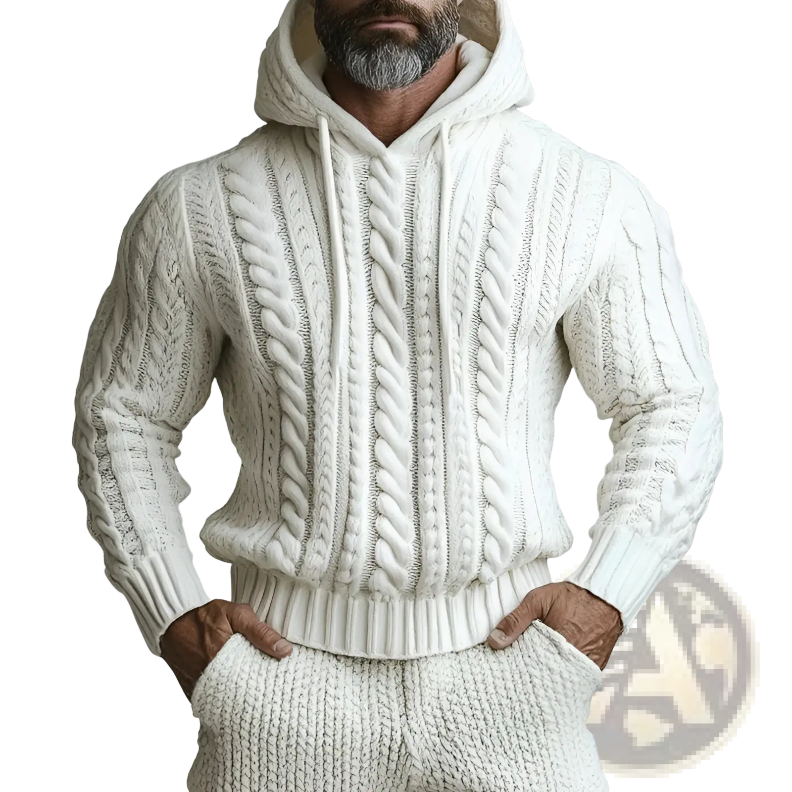 Cream-colored vintage patchwork chunky knit oversized hoodie with textured braided cable-knit pattern and ribbed cuffs