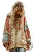 Vintage patchwork floral hoodie in soft pink cream and teal with embroidered roses and vintage fabric patches