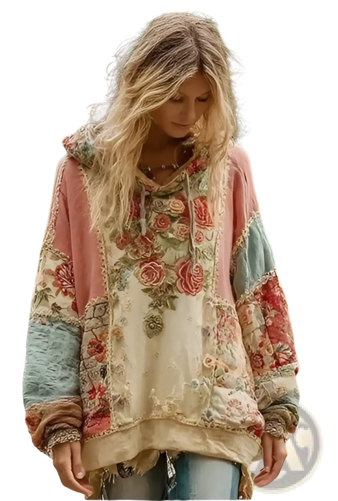 Vintage patchwork floral hoodie in soft pink cream and teal with embroidered roses and vintage fabric patches