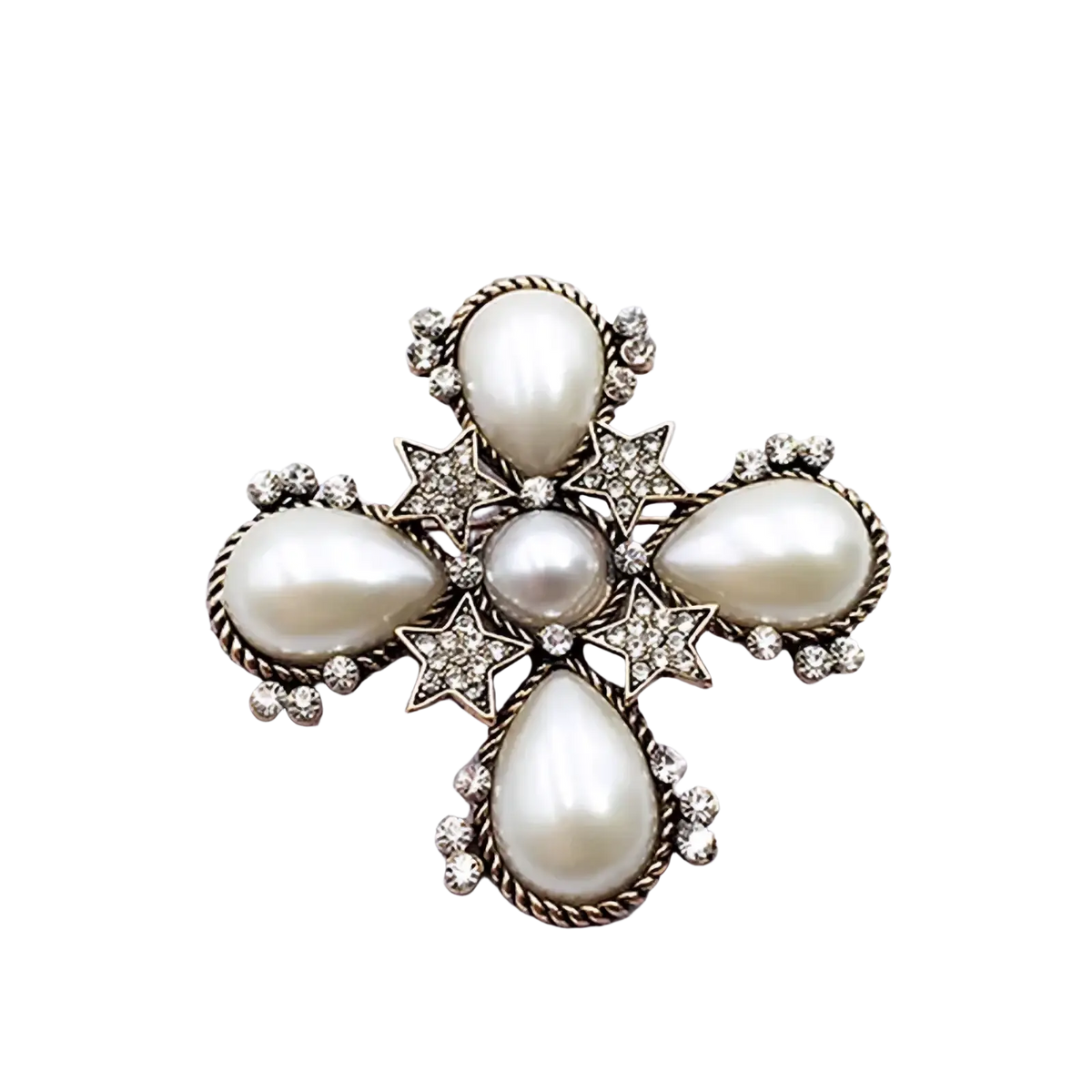 Vintage pearl designer brooch pin featuring an antique gold-toned cross with pearlescent pearls and star-shaped rhinestones