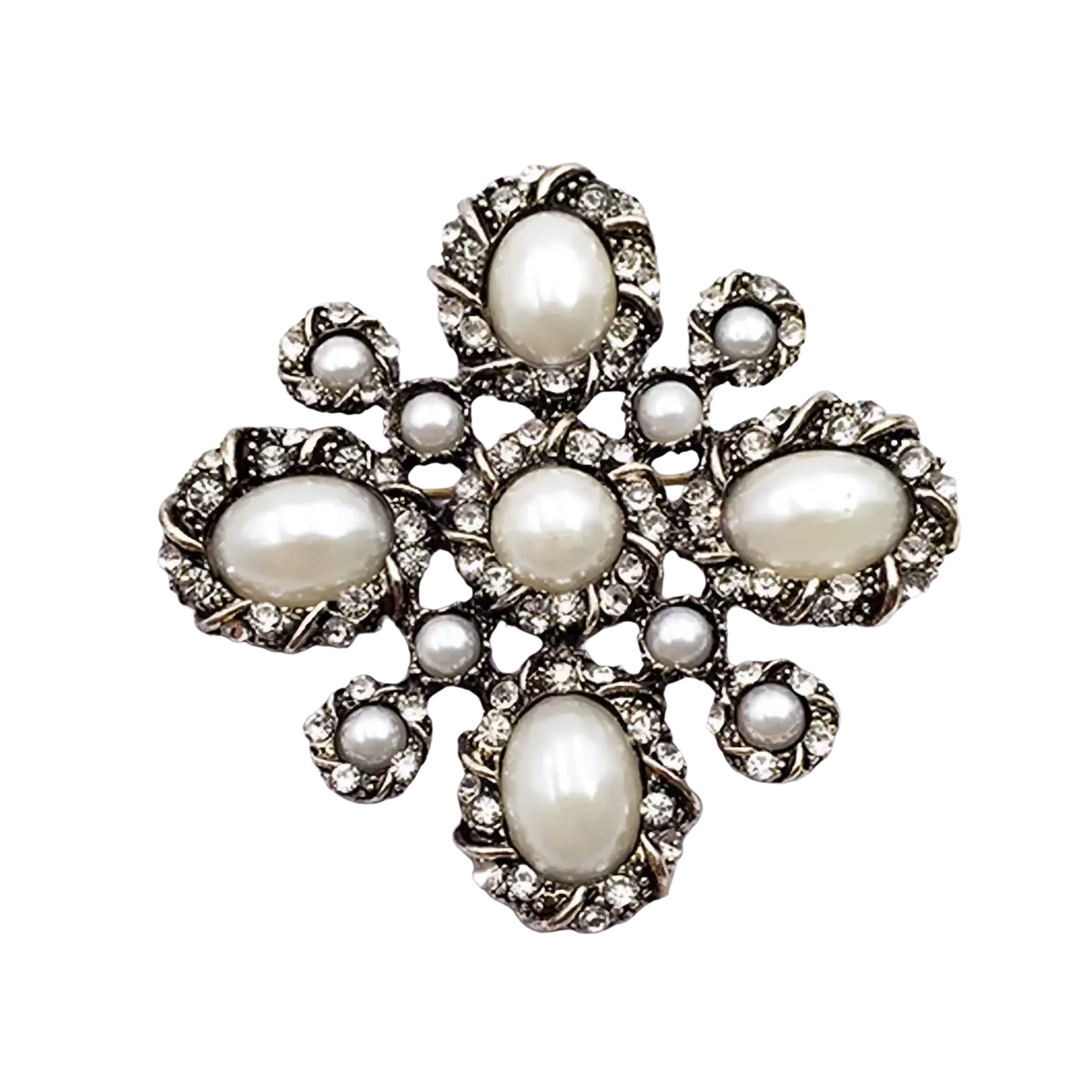 Vintage pearl designer brooch pin in silver tone with five oval pearls and rhinestones in a floral design