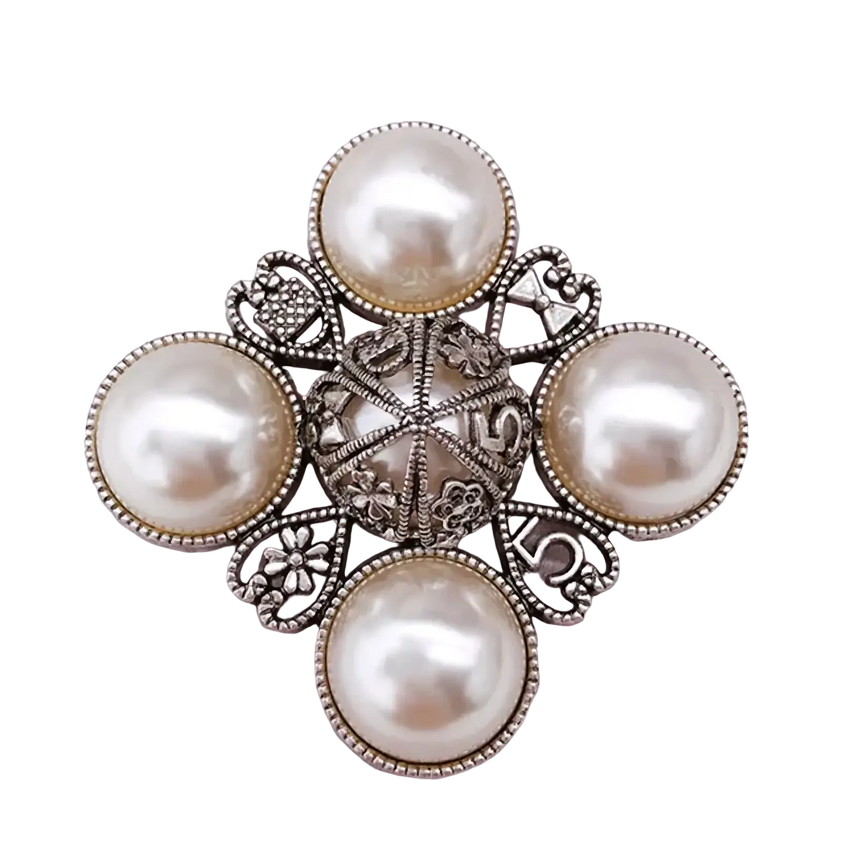 Vintage pearl designer brooch pin silver toned with four cream pearls and ornate floral filigree clover motifs