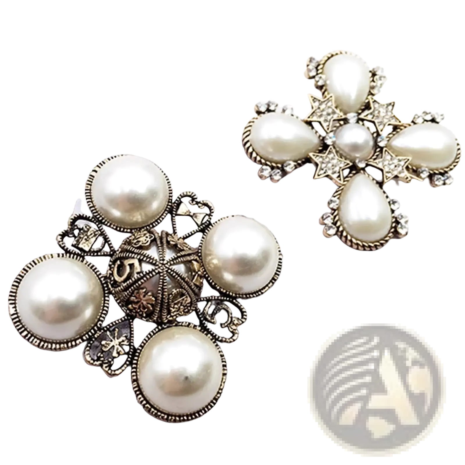 Vintage pearl rhinestone designer brooch for women featuring antique gold tone with cream pearls and sparkling rhinestones