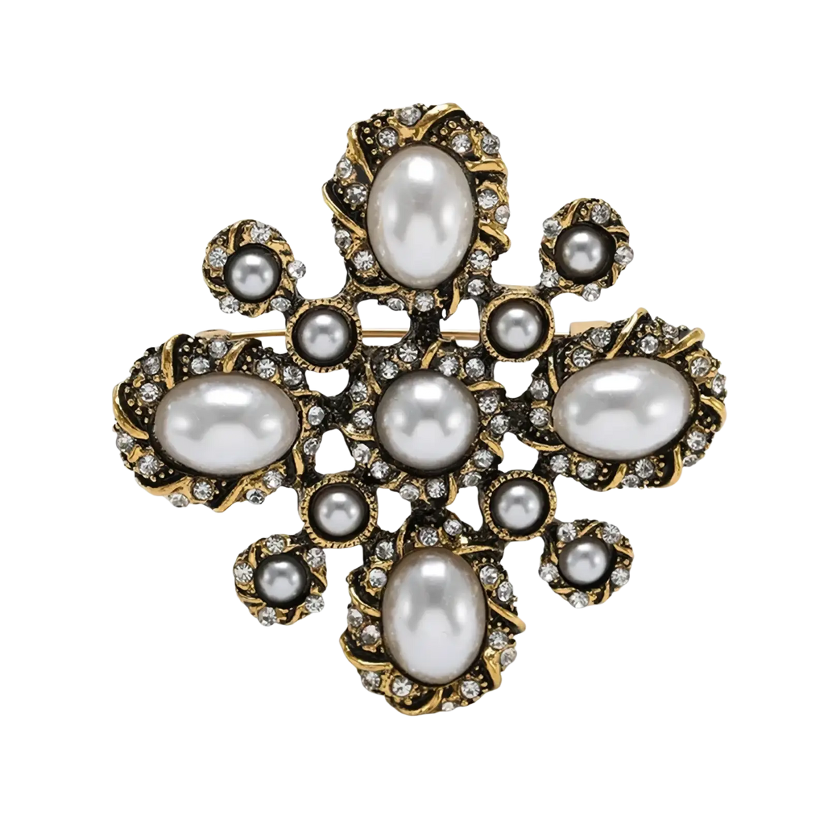 Vintage pearl rhinestone designer brooch in antique gold tone with white and black pearls and clear crystal accents