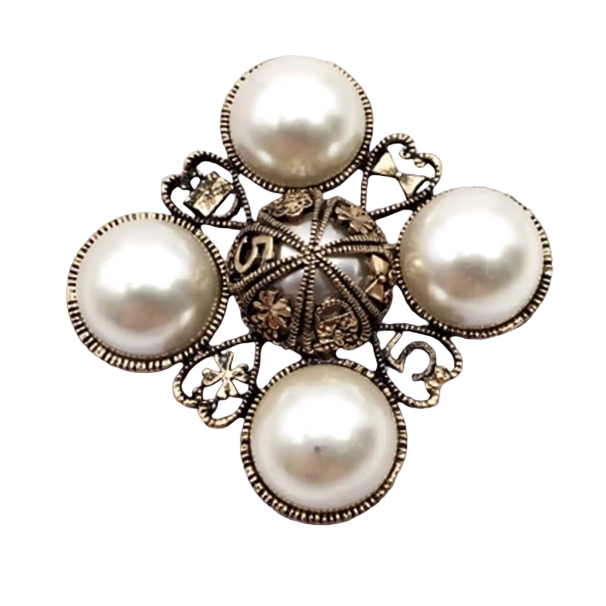 Vintage pearl rhinestone designer brooch featuring an antique gold-toned filigree design with four white pearls