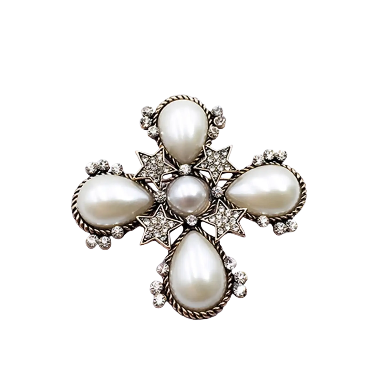 Vintage gold-toned cross-shaped brooch for women with teardrop pearls and sparkling rhinestone star motifs