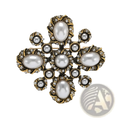 Vintage pearl rhinestone designer brooch in antique gold tone with white and black pearls and clear crystal accents