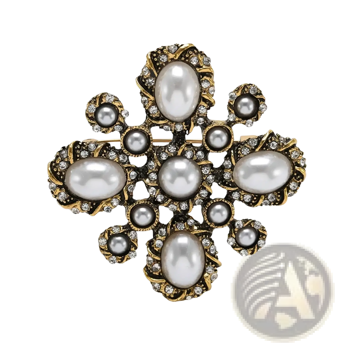 Vintage pearl rhinestone designer brooch in antique gold tone with white and black pearls and clear crystal accents