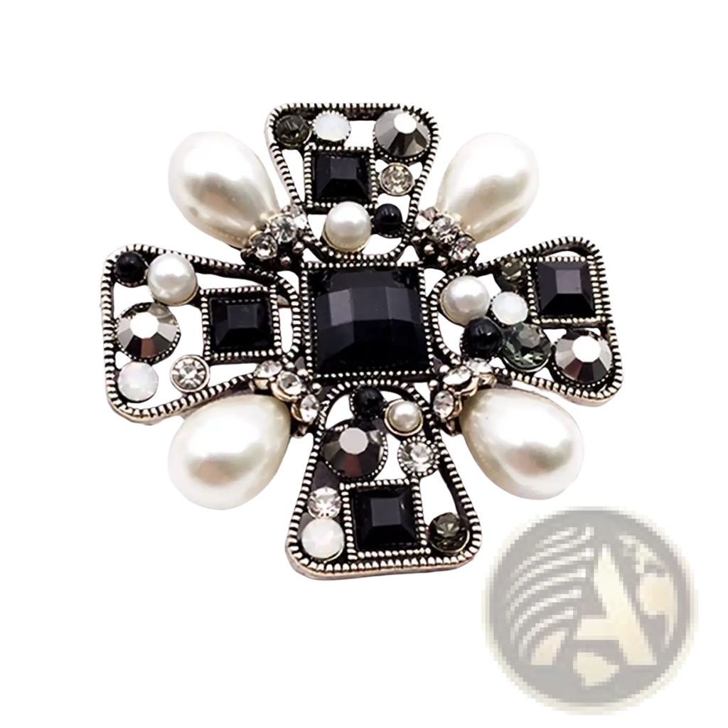 Vintage black and silver cross-shaped brooch adorned with pearls rhinestones and dark gemstones for women
