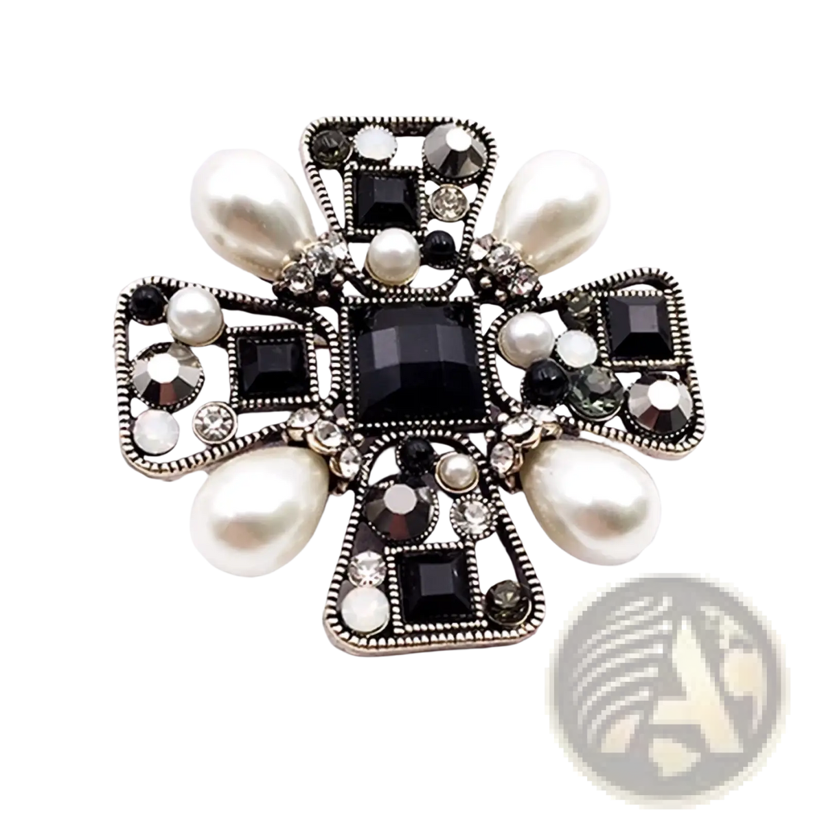 Vintage black and silver cross-shaped brooch adorned with pearls rhinestones and dark gemstones for women