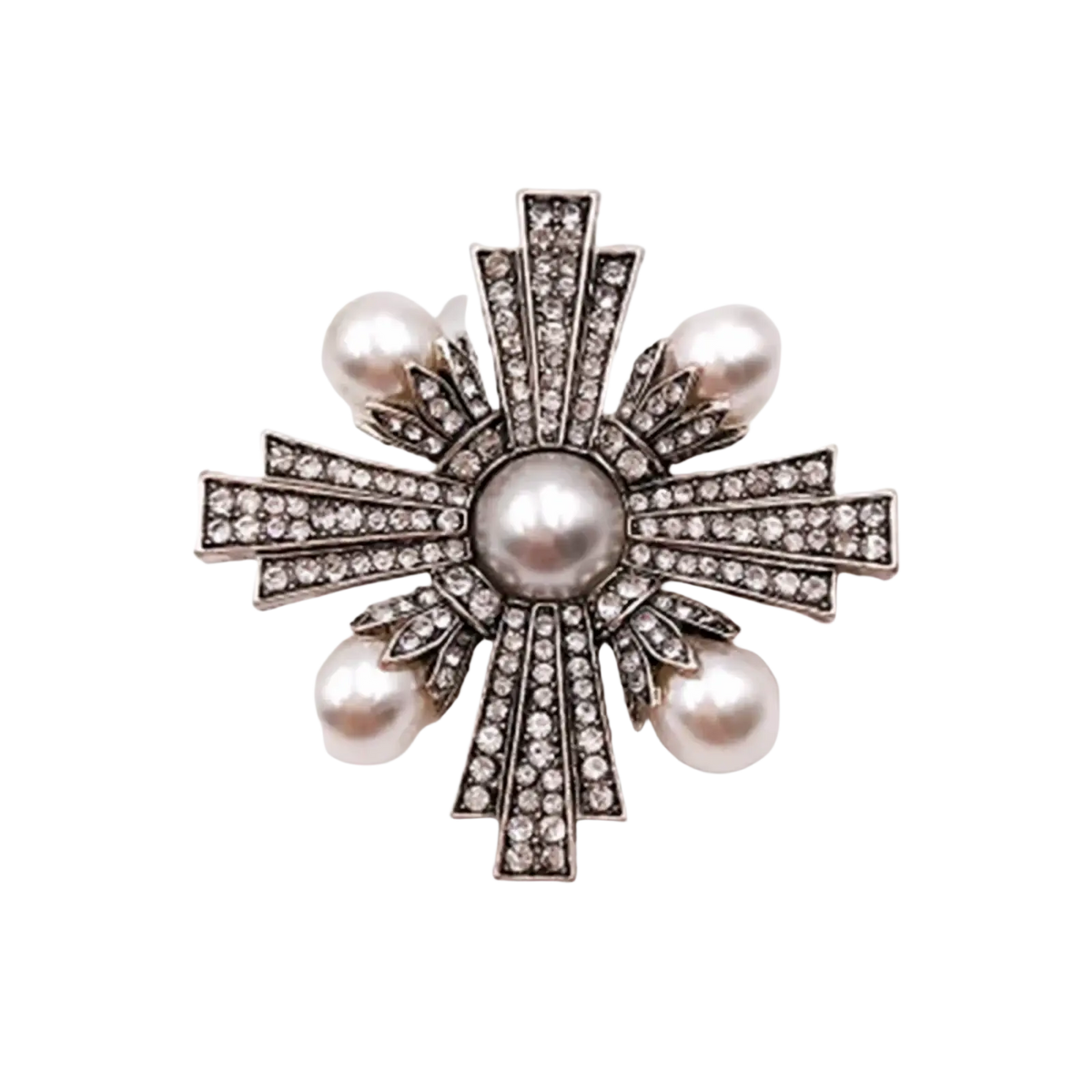 Vintage pearl rhinestone designer brooch in silver cross shape with sparkling rhinestones and central pearl for women
