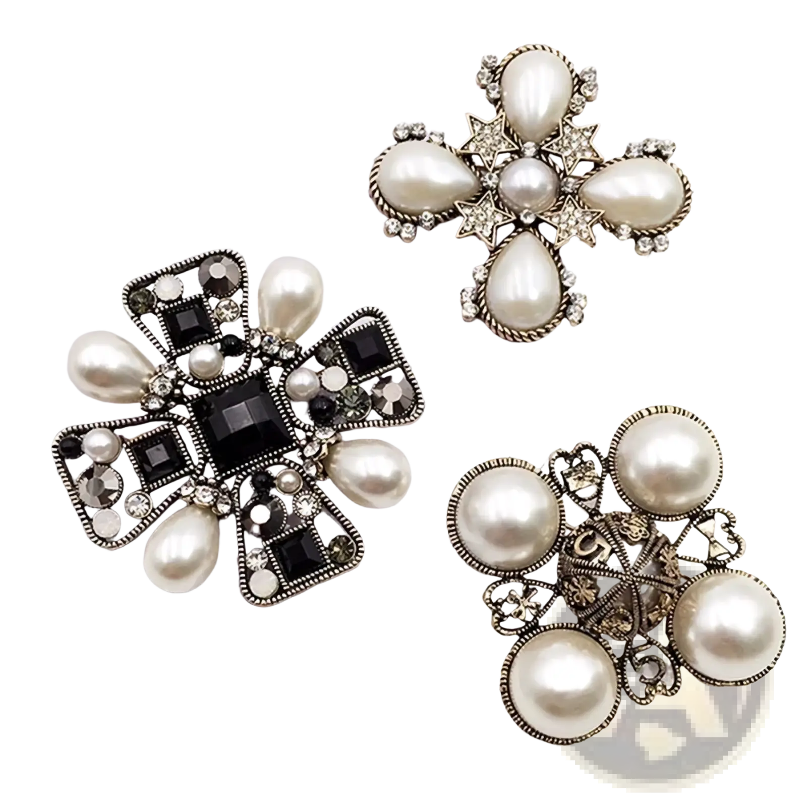 Three vintage pearl rhinestone brooches with silver-toned metal frames featuring pearl and crystal embellishments