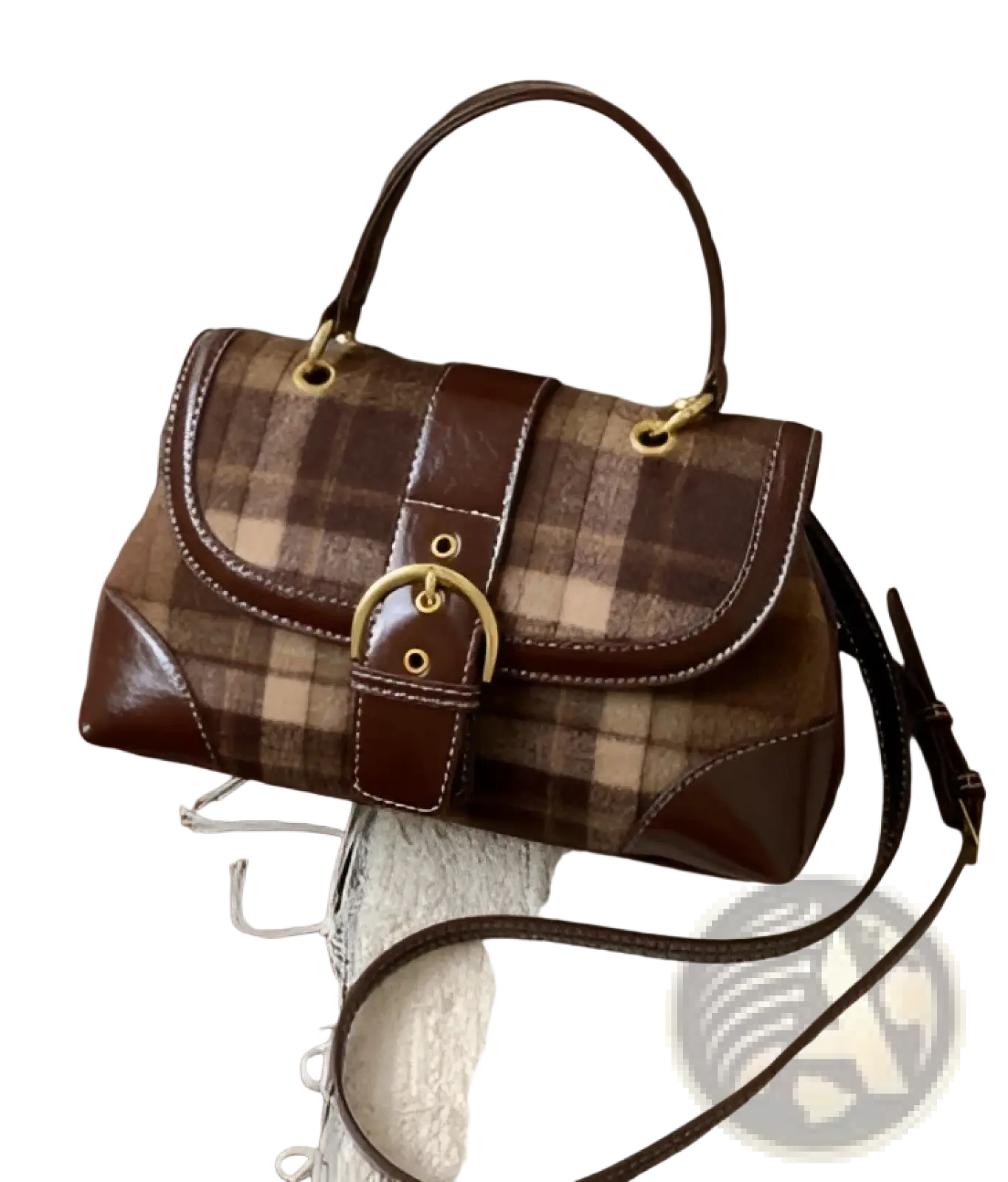 Vintage plaid crossbody bag with brown plaid pattern leather trim and gold-tone hardware