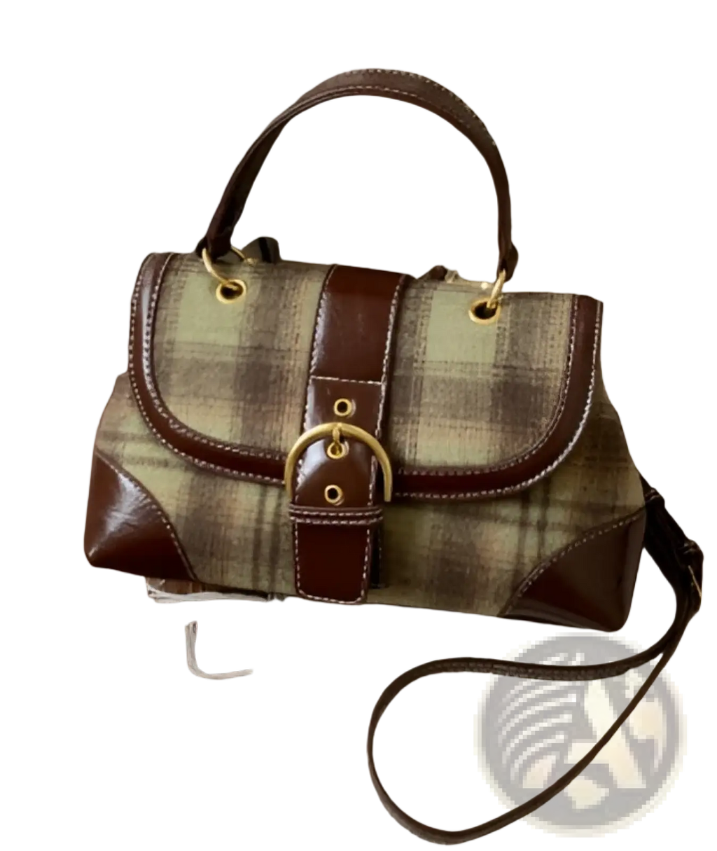 Vintage plaid crossbody bag in brown and green with leather trim gold tone hardware and detachable shoulder strap