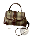 Vintage plaid crossbody bag in brown and green with leather trim gold tone hardware and detachable shoulder strap