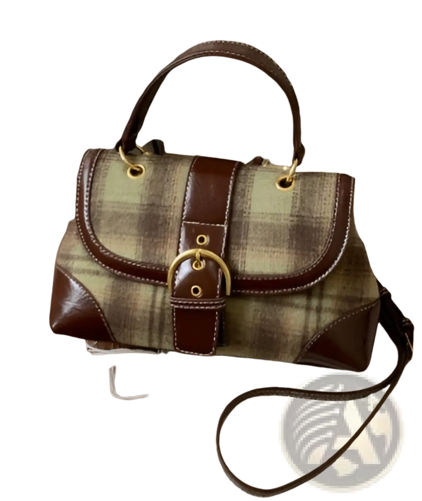 Vintage plaid crossbody bag in brown and green with leather trim gold tone hardware and detachable shoulder strap