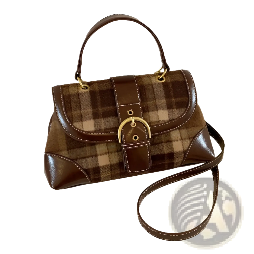 Vintage plaid crossbody bag featuring brown plaid fabric with leather trim and gold-tone buckle closure