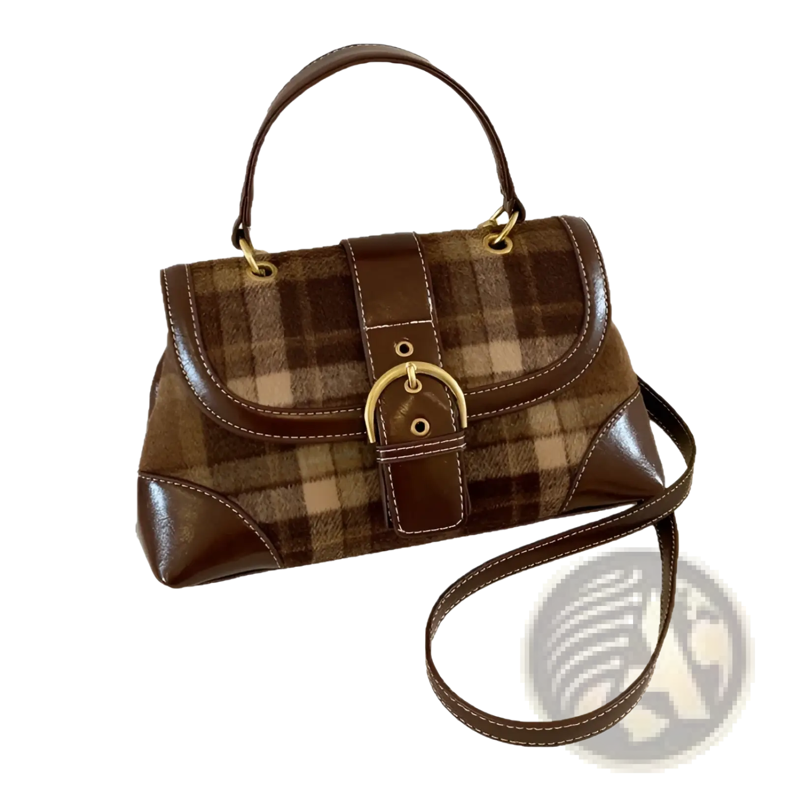 Vintage plaid crossbody bag featuring brown plaid fabric with leather trim and gold-tone buckle closure