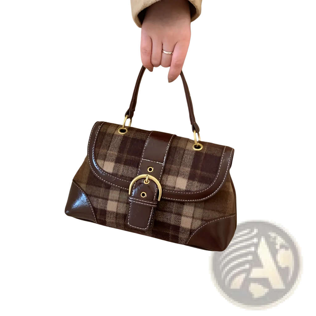 Vintage plaid crossbody bag with brown plaid fabric leather trim glossy accents and gold tone hardware