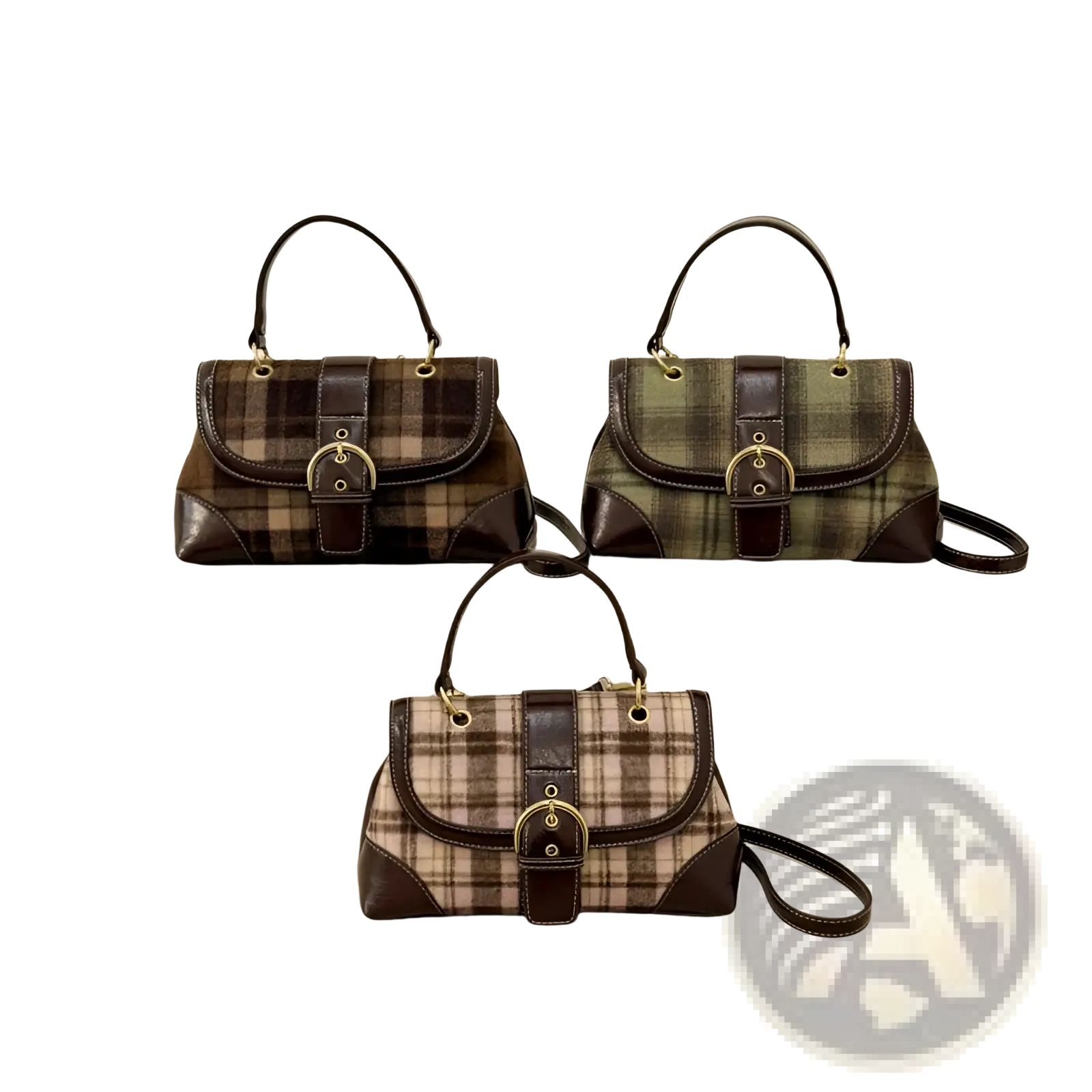 Three vintage plaid crossbody bags with brown leather trim and gold-tone buckles in earthy tones