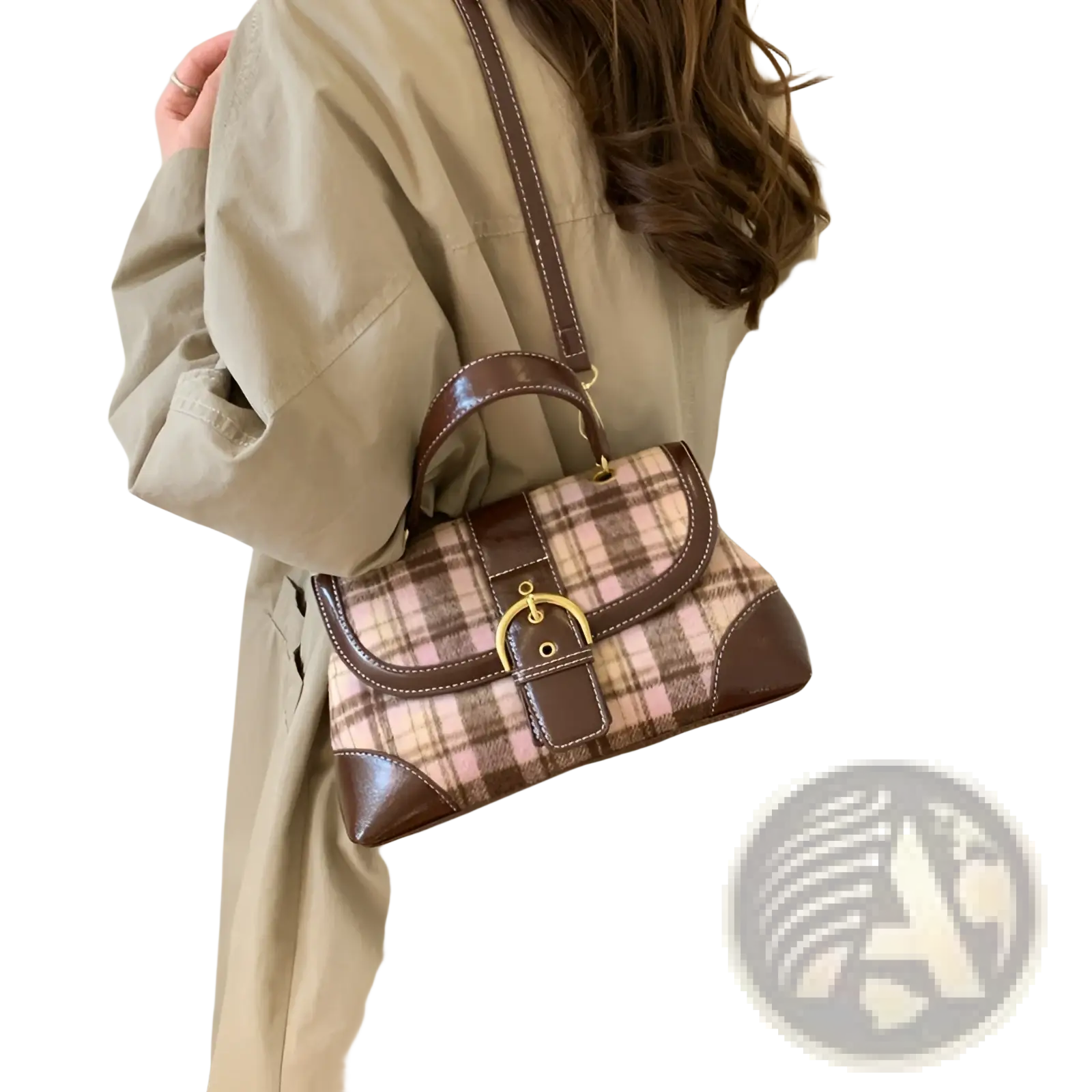 Vintage plaid crossbody bag featuring brown and beige plaid fabric with leather trim and a gold-tone buckle closure