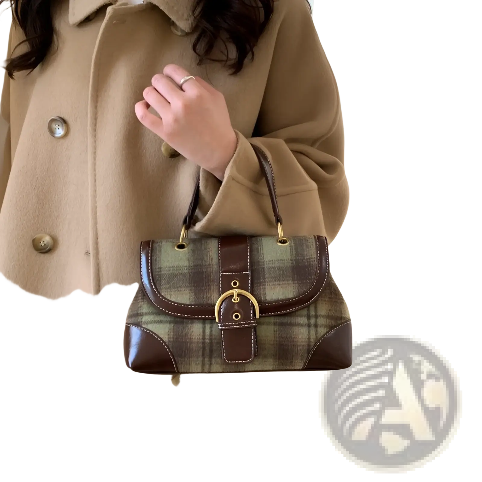 Vintage plaid crossbody bag in brown and green with leather trim gold-tone hardware and flap closure